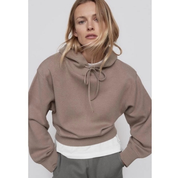 Zara Tops - Zara Taupe Cropped Hoodie Oversized Small